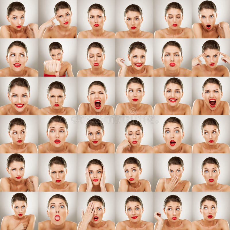 Young woman face expressions composite isolated on white background. Young woman face expressions composite isolated on white background