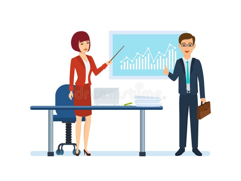 De collega's bespreken de stand van zaken in het bedrijf vector illustratie De collega's bespreken de stand van zaken in het bedrijf vector illustratie