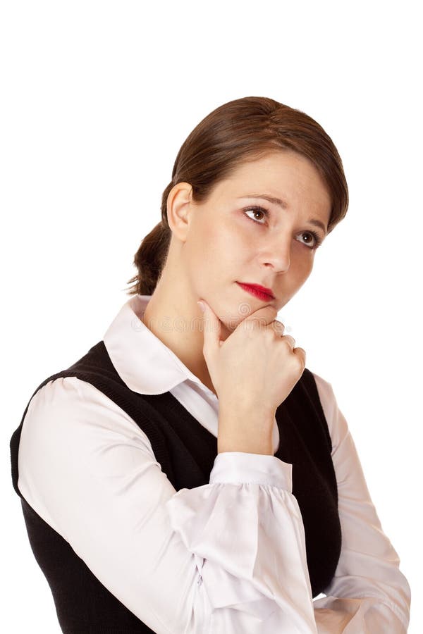 De contemplatieve bedrijfsvrouw denkt over probleem stock afbeelding De contemplatieve bedrijfsvrouw denkt over probleem stock afbeelding