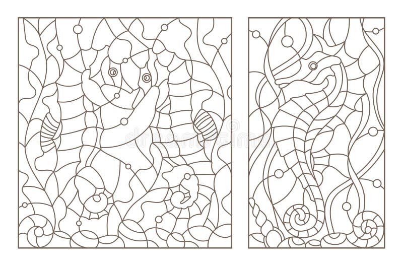 De contour plaatste met illustraties van gebrandschilderd glas met zeepaardjes op een achtergrond van zeewier, donker overzicht o royalty-vrije illustratie De contour plaatste met illustraties van gebrandschilderd glas met zeepaardjes op een achtergrond van zeewier, donker overzicht o royalty-vrije illustratie