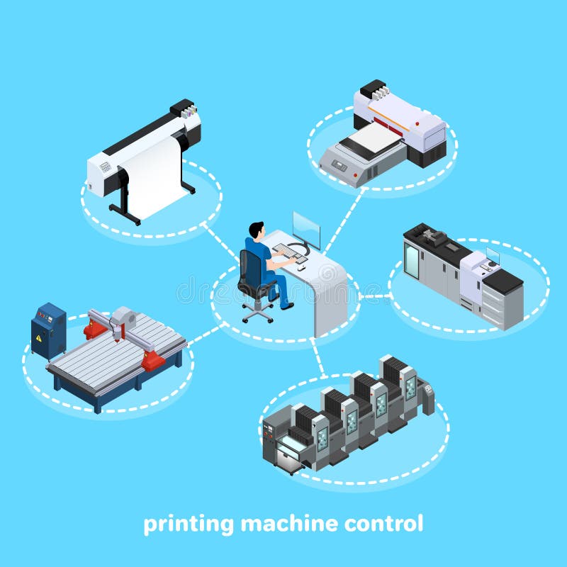 Printing machine control, Professional equipment for various types of printing in the field of advertising, offset and digital as well as inkjet and ultraviolet printing, workers are servicing machines in production, isometric image. Printing machine control, Professional equipment for various types of printing in the field of advertising, offset and digital as well as inkjet and ultraviolet printing, workers are servicing machines in production, isometric image