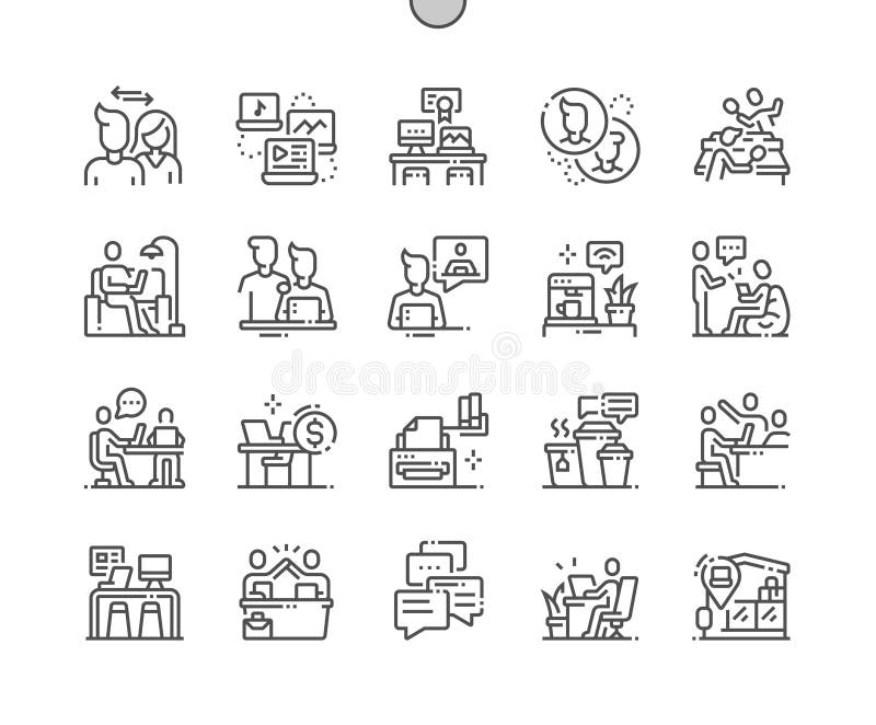 De Coworking goed-Bewerkte Pictogrammen van de Pixel Perfecte Vector Dunne Lijn vector illustratie De Coworking goed-Bewerkte Pictogrammen van de Pixel Perfecte Vector Dunne Lijn vector illustratie