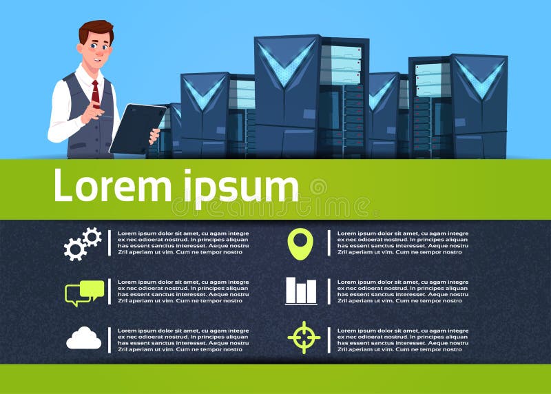 De creatieve tablet van de zakenmangreep ter beschikking, van de communicatie van de gegevensserver het infographic vlakke concep royalty-vrije illustratie De creatieve tablet van de zakenmangreep ter beschikking, van de communicatie van de gegevensserver het infographic vlakke concep royalty-vrije illustratie