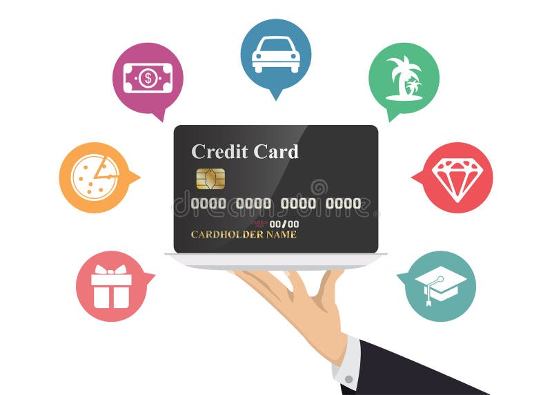 De creditcard van de handholding in zilveren dienblad met pictogram Illustratie over het besteden en betaling royalty-vrije illustratie De creditcard van de handholding in zilveren dienblad met pictogram Illustratie over het besteden en betaling royalty-vrije illustratie