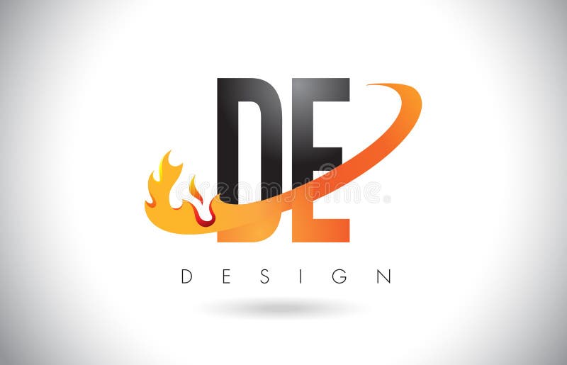 DE D E Letter Logo with Fire Flames Design and Orange Swoosh. Stock