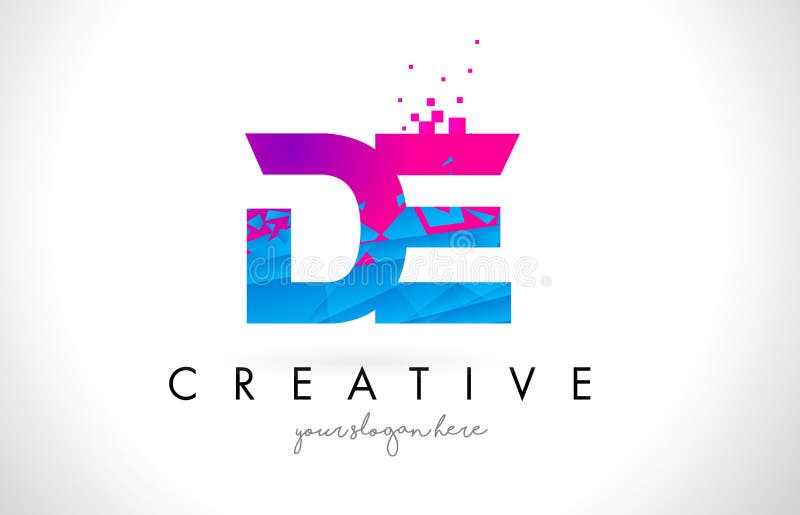 DE D E Letter Logo with Shattered Broken Blue Pink Texture Design