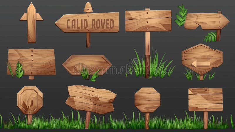 The 3D wooden signboards in this set are isolated on transparent background with square and oval nameplates, direction indicators, arrow signs, green grass nearby the pole. This is a game design. AI generated. The 3D wooden signboards in this set are isolated on transparent background with square and oval nameplates, direction indicators, arrow signs, green grass nearby the pole. This is a game design. AI generated