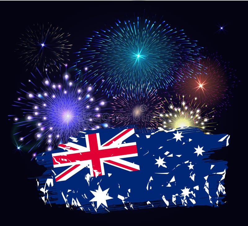 De Dag van Australië met vlag Kleurrijk vuurwerk op zwarte achtergrond stock illustratie De Dag van Australië met vlag Kleurrijk vuurwerk op zwarte achtergrond stock illustratie