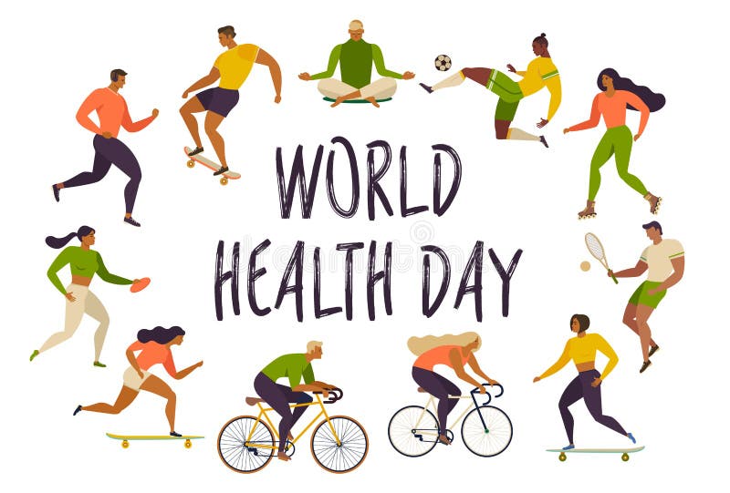 De Dag van de wereldgezondheid Gezonde Levensstijl Rolschaatsen, het lopen, fiets, looppas, gang, yoga Actieve Jonge Mensen Vecto vector illustratie De Dag van de wereldgezondheid Gezonde Levensstijl Rolschaatsen, het lopen, fiets, looppas, gang, yoga Actieve Jonge Mensen Vecto vector illustratie