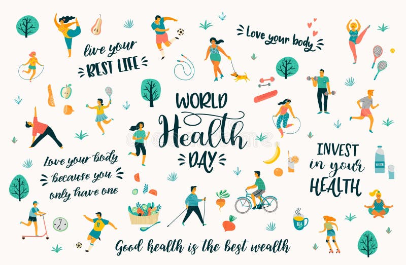 De Dag van de wereldgezondheid Vectorillustratie met mensen die een actieve gezonde levensstijl en citaten leiden