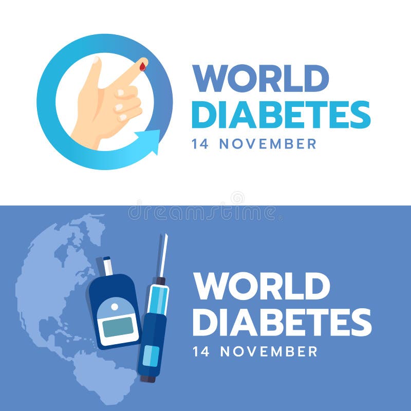 De de Dagbanner van de werelddiabetes met hand en Bloeddaling ondertekent in blauw pijlcirkel en Bloed Sugar Test op blauwe achte stock illustratie De de Dagbanner van de werelddiabetes met hand en Bloeddaling ondertekent in blauw pijlcirkel en Bloed Sugar Test op blauwe achte stock illustratie