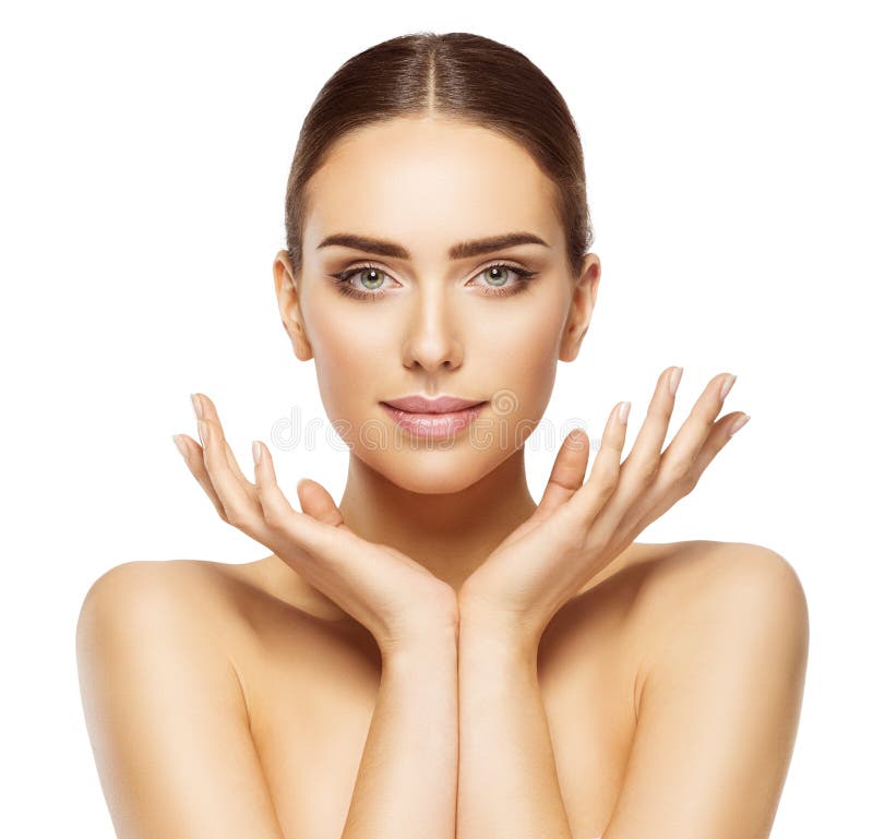 De de Handenschoonheid van het vrouwengezicht, de Mooie Make-up van de Huidzorg, maakt omhoog De de Handenschoonheid van het vrouwengezicht, de Mooie Make-up van de Huidzorg, maakt omhoog