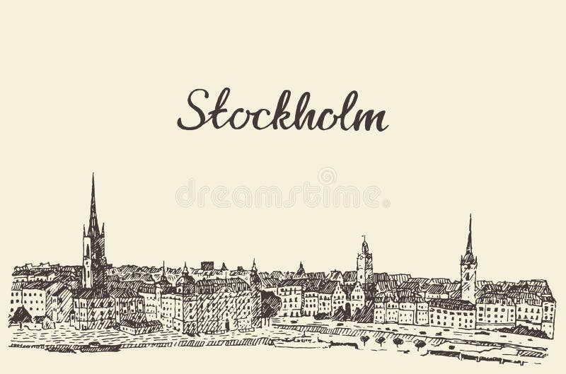 De de horizonvector van Stockholm graveerde getrokken schets vector illustratie De de horizonvector van Stockholm graveerde getrokken schets vector illustratie