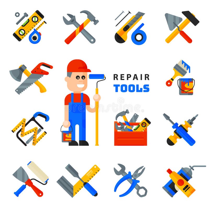 De de hulpmiddelenpictogrammen die van de huisreparatie bouwmateriaal plaatsen en de mensenkarakter werken van de de dienstarbeid vector illustratie De de hulpmiddelenpictogrammen die van de huisreparatie bouwmateriaal plaatsen en de mensenkarakter werken van de de dienstarbeid vector illustratie