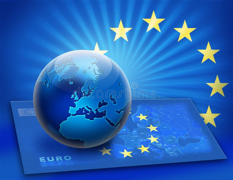 De de verenigde vlag en bol van Europa over kaart royalty-vrije illustratie De de verenigde vlag en bol van Europa over kaart royalty-vrije illustratie