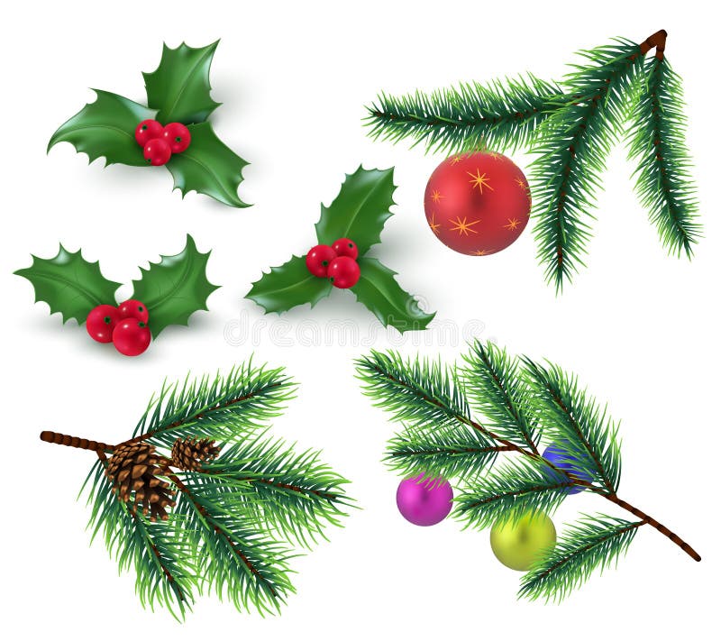 De decoratie van Kerstmis Realistische sparrentakken en rode bessen, hulstbladeren en Kerstmissnuisterij De wintervakantie