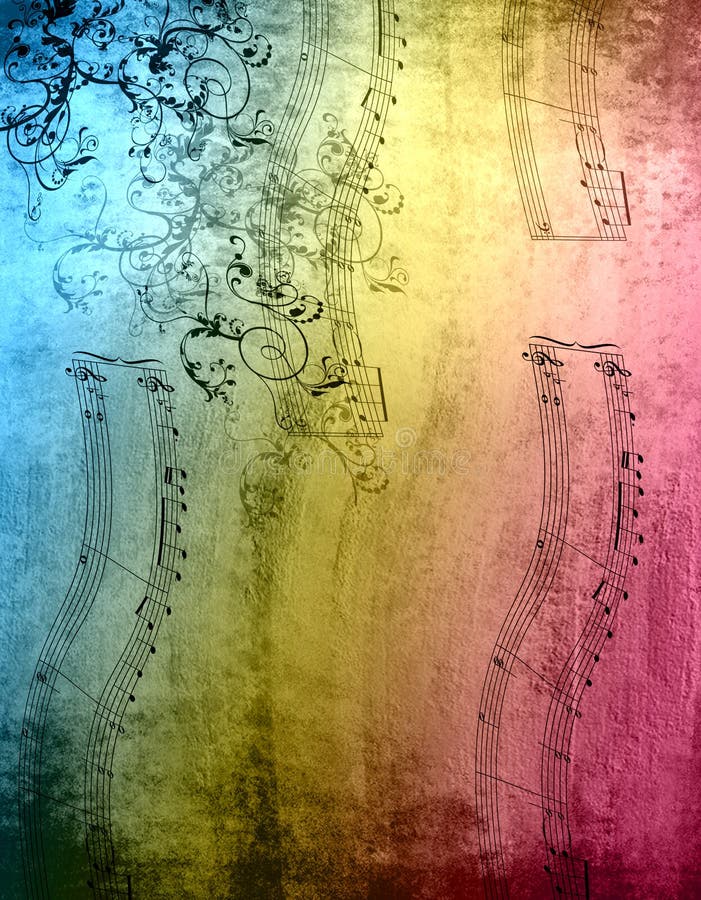 Computer generated background. Music notes mingle with the swirls and elements on the rainbow background. Grunge texture. Computer generated background. Music notes mingle with the swirls and elements on the rainbow background. Grunge texture.