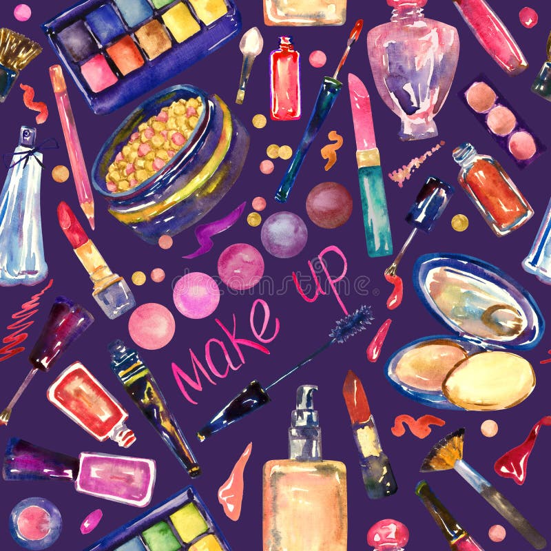 De decoratieve schoonheidsmiddelen, maken omhoog materiaalinzameling in heldere kleuren, hand geschilderde waterverfillustratie, royalty-vrije illustratie De decoratieve schoonheidsmiddelen, maken omhoog materiaalinzameling in heldere kleuren, hand geschilderde waterverfillustratie, royalty-vrije illustratie