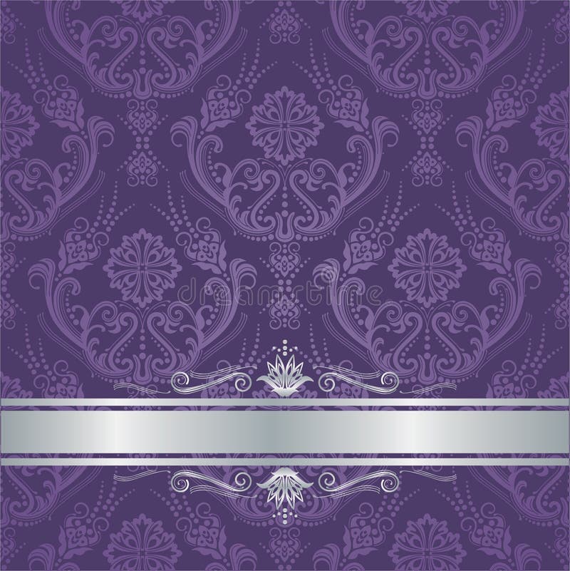 Luxury purple victorian style floral damask wallpaper cover with silver border. This image is a vector illustration. Luxury purple victorian style floral damask wallpaper cover with silver border. This image is a vector illustration.