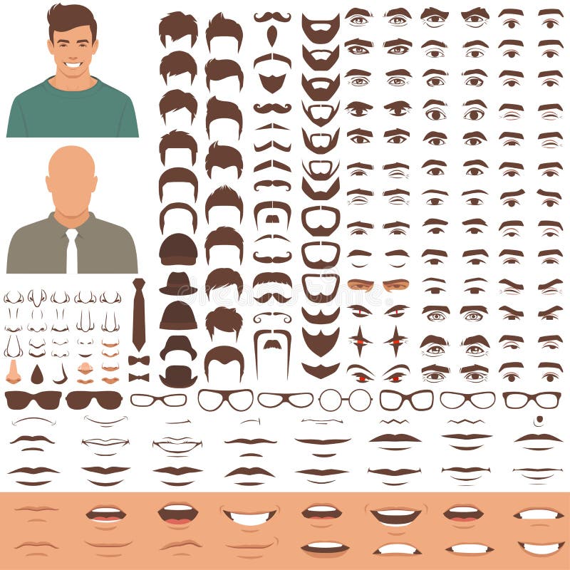 De delen van het mensengezicht, karakterhoofd, ogen, mond, lippen, haar en wenkbrauwpictogramreeks De delen van het mensengezicht, karakterhoofd, ogen, mond, lippen, haar en wenkbrauwpictogramreeks
