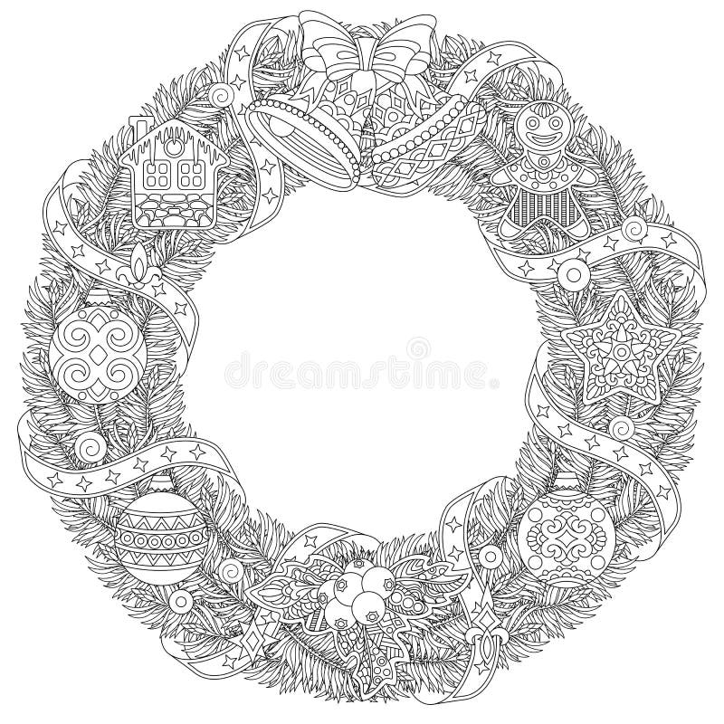 De deurkroon van de Kerstmiswinter met retro ornamenten royalty-vrije illustratie De deurkroon van de Kerstmiswinter met retro ornamenten royalty-vrije illustratie