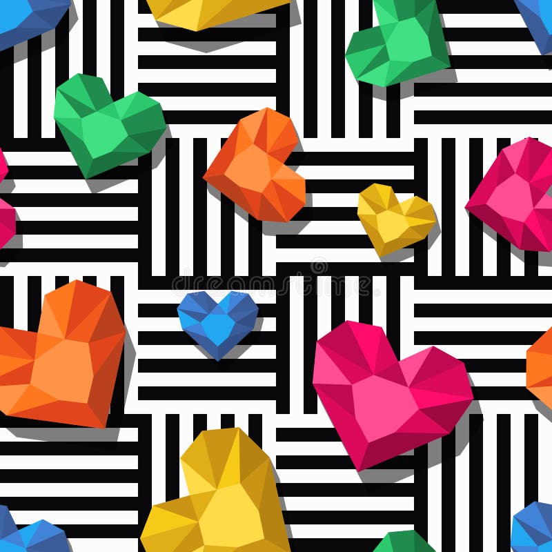 De diamanten, gemmen in hart vormen op zwarte witte strepen, naadloos p stock illustratie De diamanten, gemmen in hart vormen op zwarte witte strepen, naadloos p stock illustratie