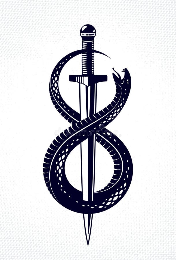 De dolk doodt een Slang, verslagen Serpentomslagen rond een zwaard vector uitstekende tatoegering, is het Leven een Strijdconcept stock illustratie De dolk doodt een Slang, verslagen Serpentomslagen rond een zwaard vector uitstekende tatoegering, is het Leven een Strijdconcept stock illustratie
