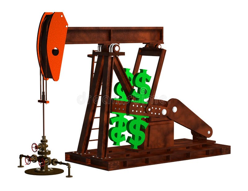 3D illustration depicting a wellhead and pump jack with dollar signs as counter-weights. 3D illustration depicting a wellhead and pump jack with dollar signs as counter-weights