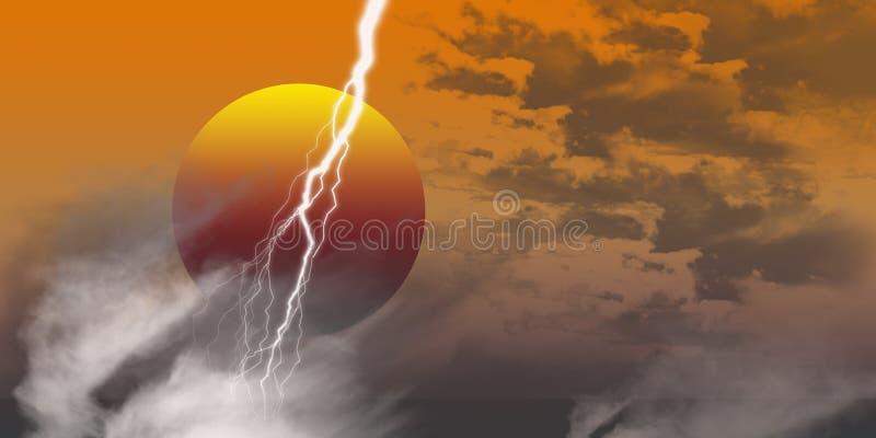 An image showing a red orange and white sunset mood with grey and white clouds and a flash of white lightening. An image showing a red orange and white sunset mood with grey and white clouds and a flash of white lightening