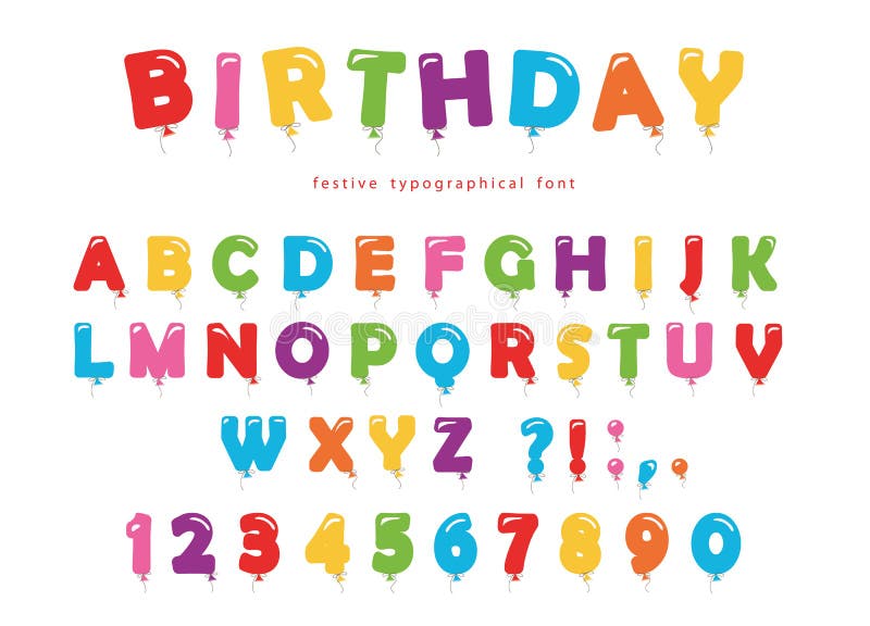 De doopvont van de verjaardagsballon De de feestelijke letters en getallen van ABC gekleurd