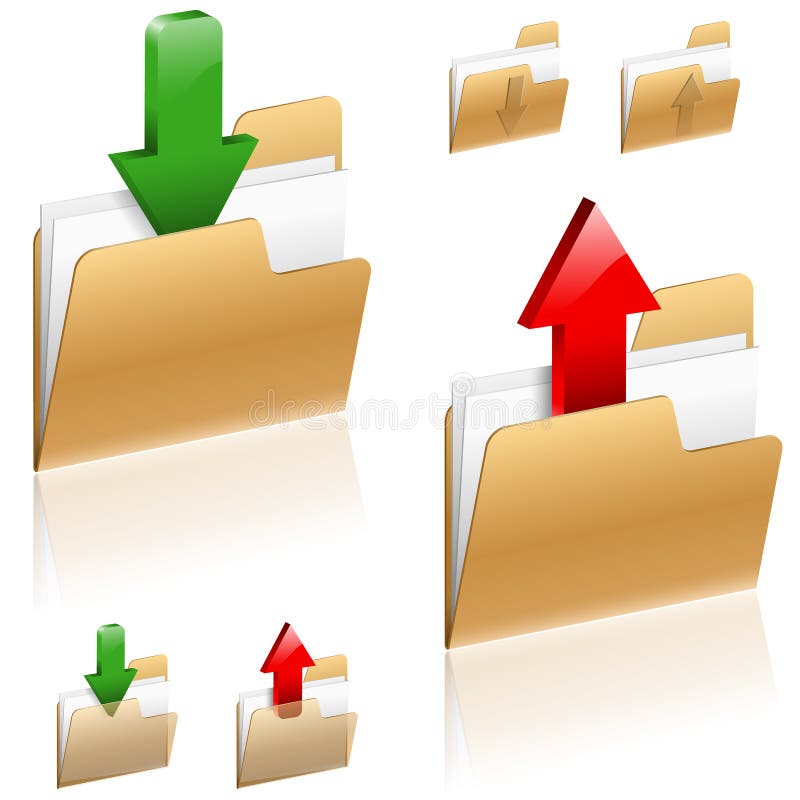 Download and Upload icon - 3D Arrow with Folder, on white, vector. Download and Upload icon - 3D Arrow with Folder, on white, vector