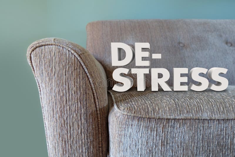De-Stress words in 3d letters on a couch to illustrate unwiding mind, body and soul to relax. De-Stress words in 3d letters on a couch to illustrate unwiding mind, body and soul to relax