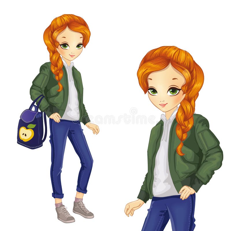 Meisje houdt rugzak met appelprint vast royalty-vrije illustratie