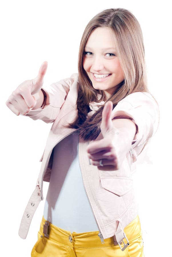 De dubbele Duim ondertekent omhoog door Mooie jonge vrouw stock fotografie De dubbele Duim ondertekent omhoog door Mooie jonge vrouw stock fotografie