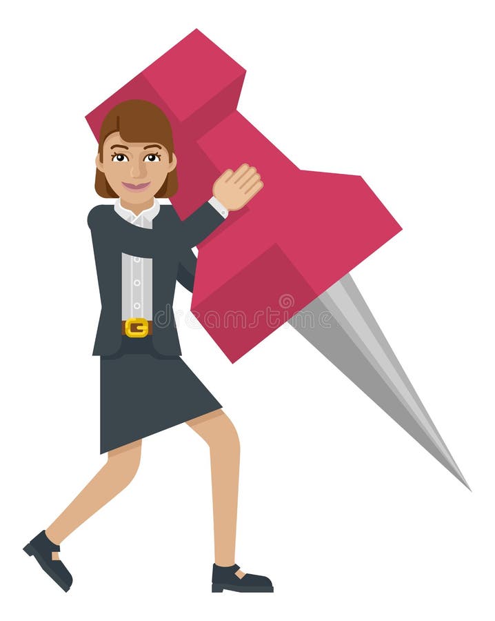 De Duimkopspijker Pin Mascot van de bedrijfsvrouwenholding stock illustratie De Duimkopspijker Pin Mascot van de bedrijfsvrouwenholding stock illustratie
