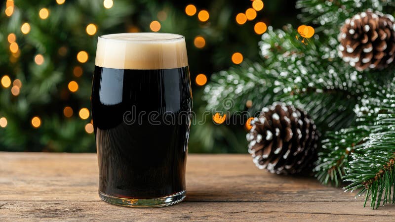 De délicieuses bières noires servies dans un verre entouré de décorations festives pour un cadre de vacances cosy illustration de vecteur