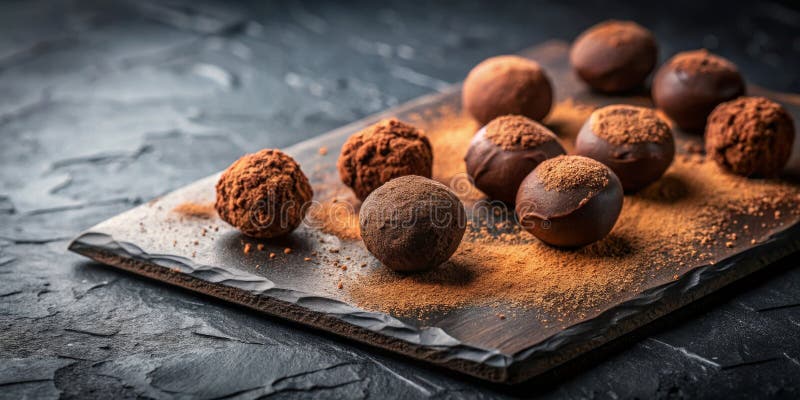 De délicieuses truffes de chocolat noir sur la planche en ardoise foncée. illustration de vecteur