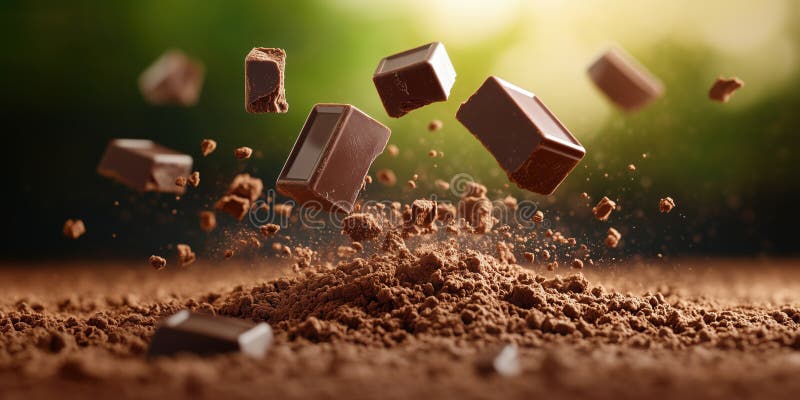 De délicieux carrés de chocolat noir flottant au-dessus de la poudre de cacao créant une scène riche illustration stock