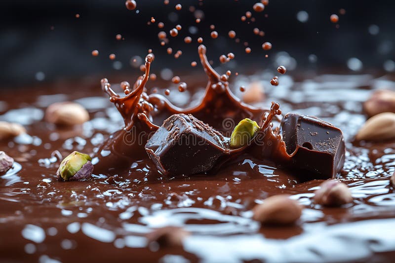 De délicieux cubes de chocolat noir éclaboussant dans une riche sauce au chocolat avec des pistaches et des noisettes illustration libre de droits