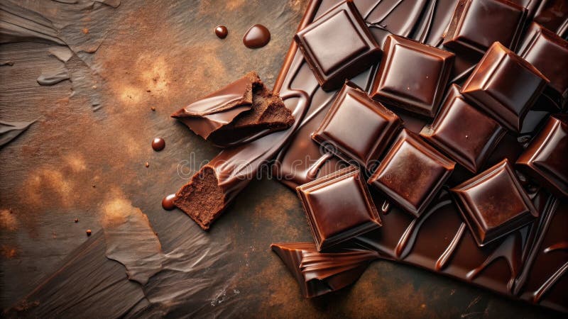 De délicieux morceaux de chocolat foncé fondus et cassés sur fond brun. IA générative illustration de vecteur