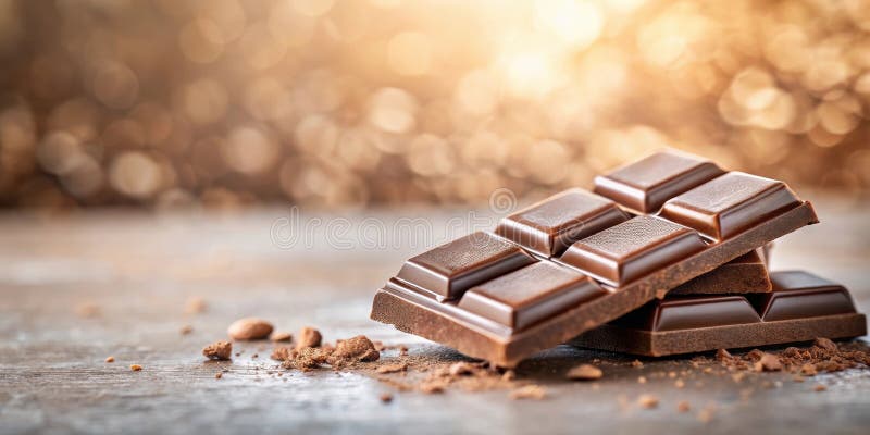 De délicieux morceaux de chocolat noir empilés sur une surface rustique avec poudre de cacao. IA générative illustration stock