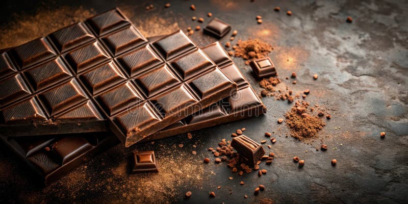 De délicieux tablettes de chocolat noir avec poudre de cacao et des nibs. IA générative illustration de vecteur