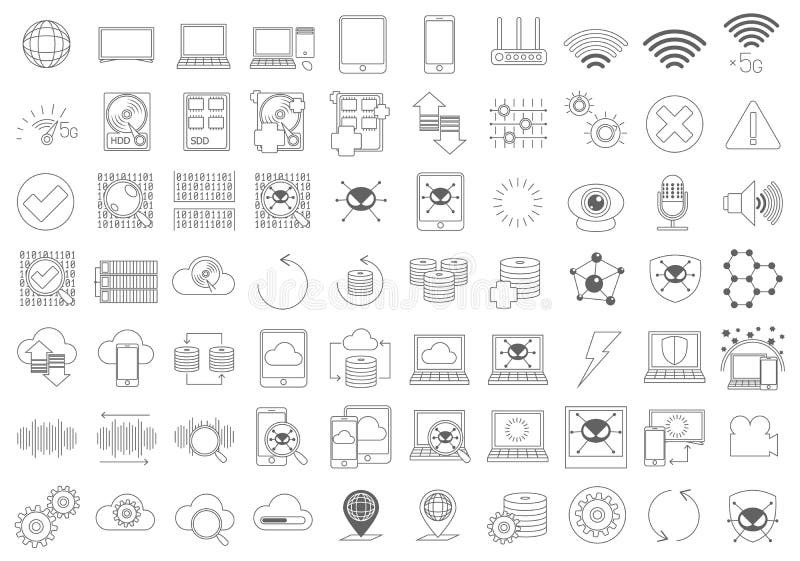 De eenvoudige Reeks Computercomponenten bracht Vectorlijnpictogrammen met elkaar in verband royalty-vrije illustratie De eenvoudige Reeks Computercomponenten bracht Vectorlijnpictogrammen met elkaar in verband royalty-vrije illustratie
