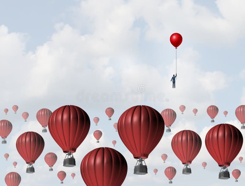 Increase efficiency and improve performance business concept as a businessman holding a balloon leading the race to the top against a group of slow hot airballoons by using a low cost winning strategy. Increase efficiency and improve performance business concept as a businessman holding a balloon leading the race to the top against a group of slow hot airballoons by using a low cost winning strategy.