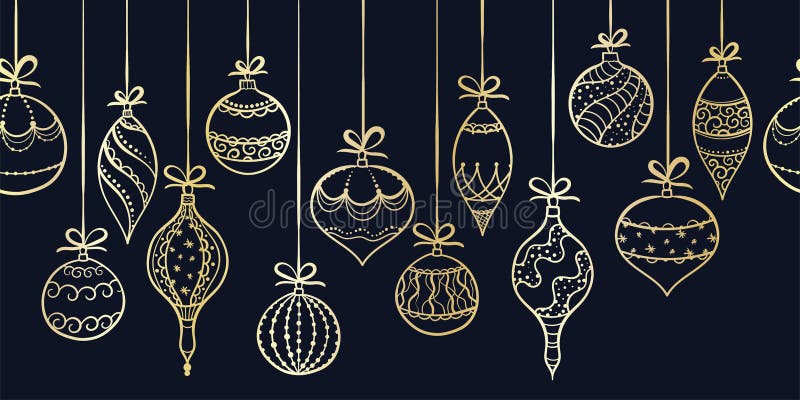 Elegant hand drawn christmas ornaments horizontal seamless, decorated baubles hanging, great for christmas wrapping, banners, invitations, wallpaper - vector design. Elegant hand drawn christmas ornaments horizontal seamless, decorated baubles hanging, great for christmas wrapping, banners, invitations, wallpaper - vector design