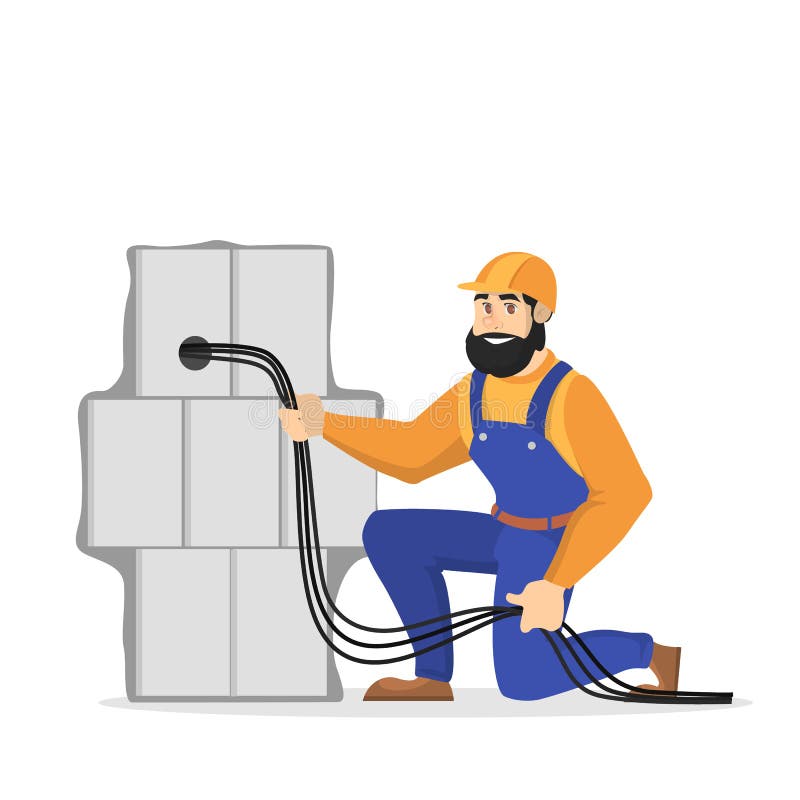 Electricity works. Professional worker in the uniform repair electrical elements. Technician repair cable. Isolated vector illustration in cartoon style. Electricity works. Professional worker in the uniform repair electrical elements. Technician repair cable. Isolated vector illustration in cartoon style