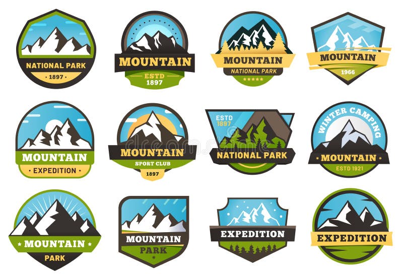 De emblemen van de bergexpeditie In openlucht reisetiketten, bergen die stickerembleem en de zomer het kamperen kentekensvector w vector illustratie De emblemen van de bergexpeditie In openlucht reisetiketten, bergen die stickerembleem en de zomer het kamperen kentekensvector w vector illustratie