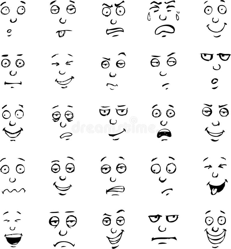 De emoties van het beeldverhaalgezicht overhandigen getrokken reeks vector illustratie De emoties van het beeldverhaalgezicht overhandigen getrokken reeks vector illustratie