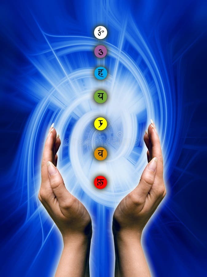 Open female hands with chakra symbols over a blue abstract background. Open female hands with chakra symbols over a blue abstract background