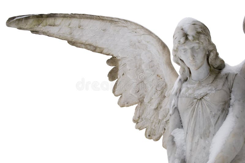 A carved marble cemetery memorial Angel, in winter. Some snow clings to the head and shoulders. Isolated on white. A carved marble cemetery memorial Angel, in winter. Some snow clings to the head and shoulders. Isolated on white.